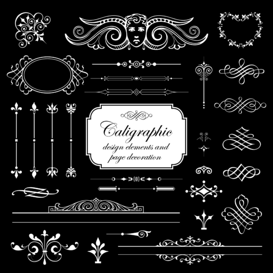 Calligraphic Design Elements And Page Decoration Vector Set Isolated On Black Background Free Vector
